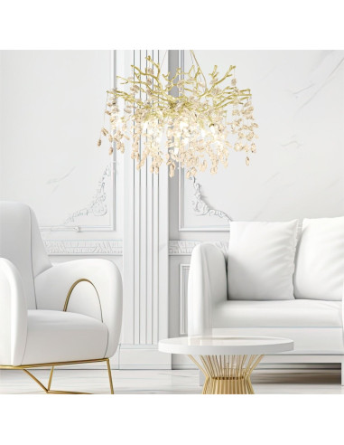 Lampa sufitowa CINDY w stylu glamour z złotą metalową oprawą i kryształowymi akcentami, 10-punktowe oświetlenie.