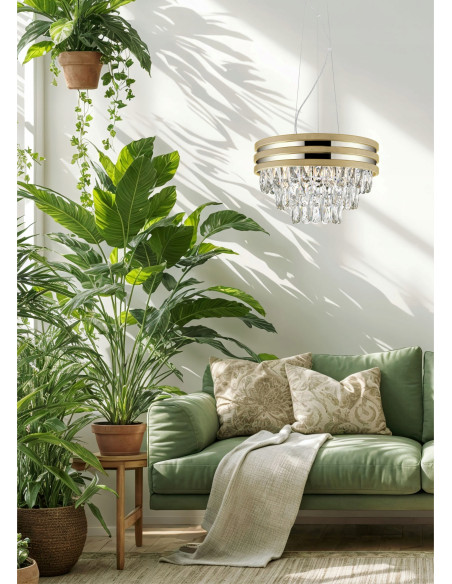 Lampa wisząca NAICA z kryształami i mosiężnym wykończeniem - elegancka do jadalni i salonu