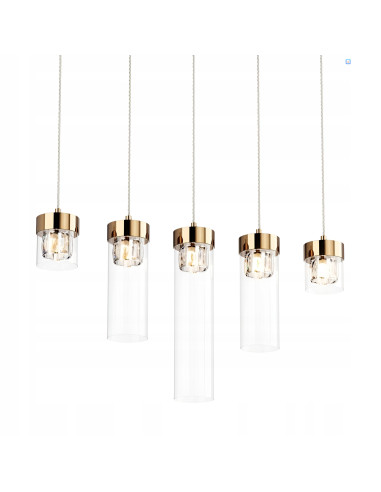 Lampa sufitowa GEM w złotym kolorze z pięcioma kloszami piramidalnymi do nowoczesnych wnętrz, elegancki element dekoracyjny