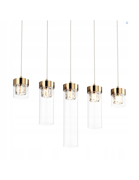 Lampa sufitowa GEM w złotym kolorze z pięcioma kloszami piramidalnymi do nowoczesnych wnętrz, elegancki element dekoracyjny