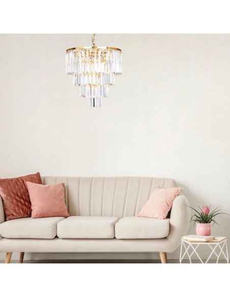 Lampa wisząca AMEDEO z kryształami w kolorze złotym, glamour, 5 punktów świetlnych do wysokich sufitów