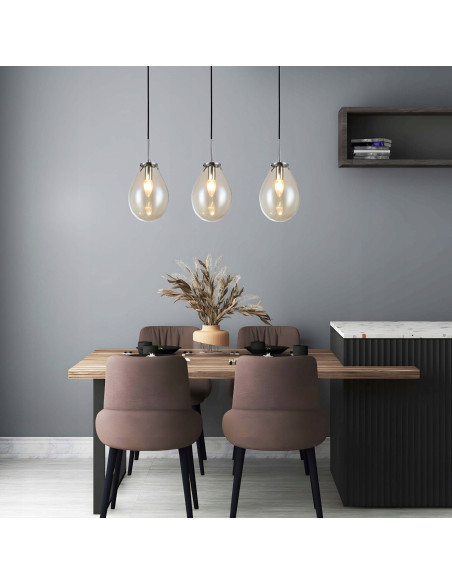 Lampa sufitowa FONDI z szklanymi kroplami, 3-punktowe E14, regulacja wysokości, elegancki design do wnętrz.