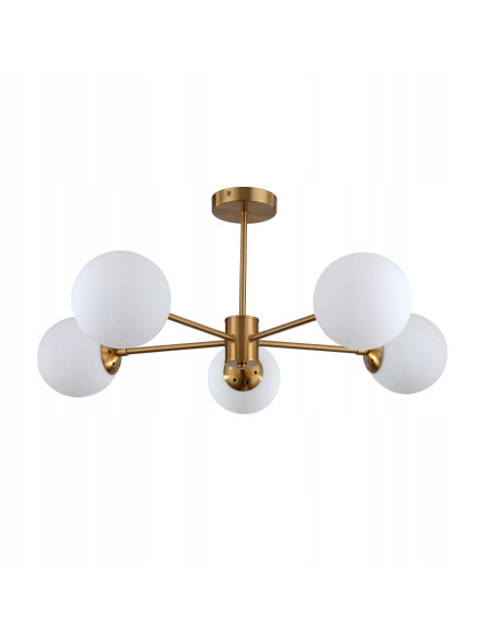 Luksusowy żyrandol ROMA w złotym wykończeniu z perłowymi kloszami – Elegancka lampa do nowoczesnych wnętrz.