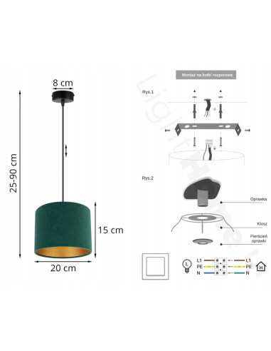 Lampa wisząca Mediolan z welurowym abażurem - elegancki detal w nowoczesnym wydaniu z złotym akcentem