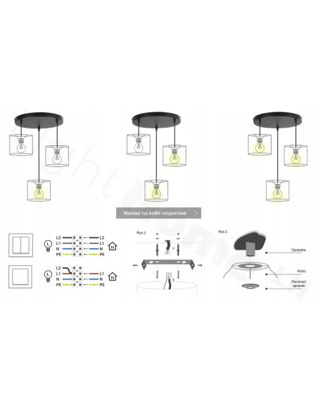 Lampa wisząca MEDIOLAN 3-punktowa z welurowymi abażurami - personalizowane kolory i elegancki design do każdego wnętrza