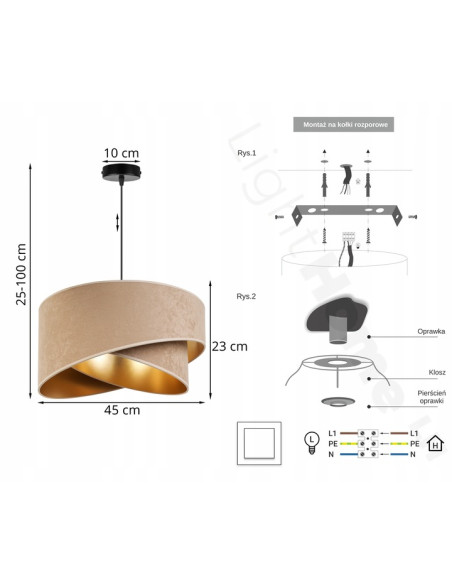 Lampa wisząca Mediolan z weluru w odcieniach beżu i złota – stylowe oświetlenie do każdego wnętrza z regulacją E27