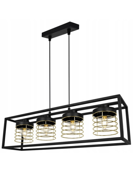 Lampa wisząca RASTI CAGE w stylu loftowym, czarna z złotymi akcentami, 4-punktowe oświetlenie, regulowana.