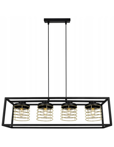 Lampa wisząca RASTI CAGE w stylu loftowym, czarna z złotymi akcentami, 4-punktowe oświetlenie, regulowana.