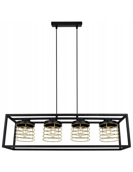 Lampa wisząca RASTI CAGE w stylu loftowym, czarna z złotymi akcentami, 4-punktowe oświetlenie, regulowana.