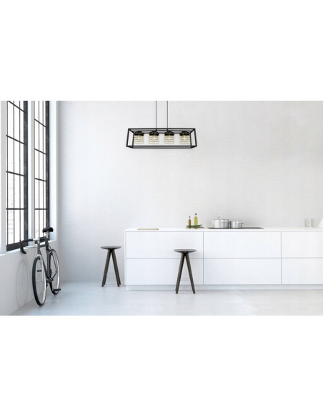 Lampa wisząca RASTI CAGE w stylu loftowym, czarna z złotymi akcentami, 4-punktowe oświetlenie, regulowana.