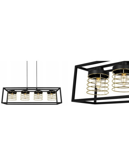Lampa wisząca RASTI CAGE w stylu loftowym, czarna z złotymi akcentami, 4-punktowe oświetlenie, regulowana.