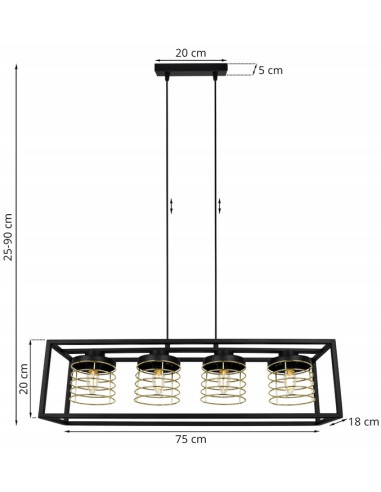 Lampa wisząca RASTI CAGE w stylu loftowym, czarna z złotymi akcentami, 4-punktowe oświetlenie, regulowana.