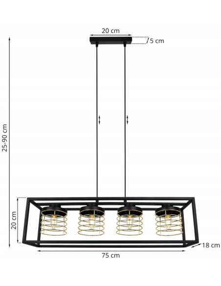 Lampa wisząca RASTI CAGE w stylu loftowym, czarna z złotymi akcentami, 4-punktowe oświetlenie, regulowana.