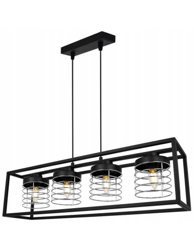 Lampa wisząca RASTI CAGE w stylu industrialnym, czarna z chromem, 4 źródła światła, regulowana wysokość, nowoczesne wnętrza