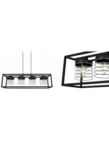Lampa wisząca RASTI CAGE w stylu industrialnym, czarna z chromem, 4 źródła światła, regulowana wysokość, nowoczesne wnętrza