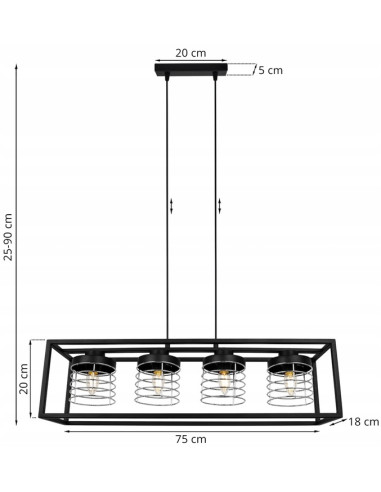 Lampa wisząca RASTI CAGE w stylu industrialnym, czarna z chromem, 4 źródła światła, regulowana wysokość, nowoczesne wnętrza