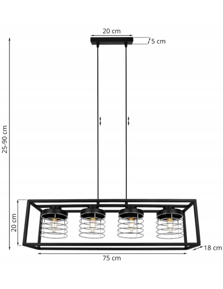 Lampa wisząca RASTI CAGE w stylu industrialnym, czarna z chromem, 4 źródła światła, regulowana wysokość, nowoczesne wnętrza