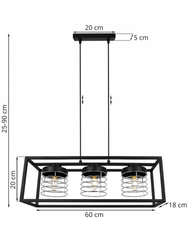 Lampa wisząca RASTI CAGE – nowoczesny design w stylu industrialnym, metalowa konstrukcja, 3 źródła światła, regulowany zwis.