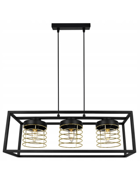 Lampa wisząca w stylu industrialnym RASTI CAGE z metalowym kloszem, czarna z złotym akcentem, regulowana wysokość.