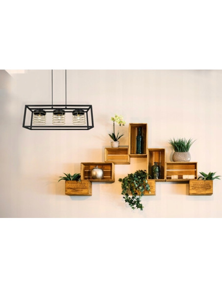 Lampa wisząca w stylu industrialnym RASTI CAGE z metalowym kloszem, czarna z złotym akcentem, regulowana wysokość.