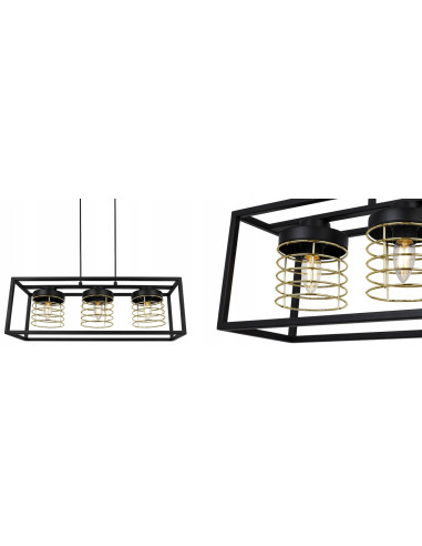 Lampa wisząca w stylu industrialnym RASTI CAGE z metalowym kloszem, czarna z złotym akcentem, regulowana wysokość.