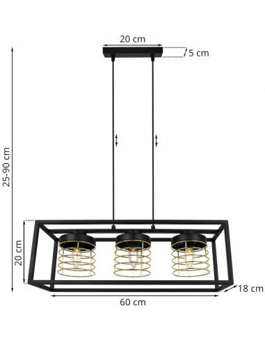 Lampa wisząca w stylu industrialnym RASTI CAGE z metalowym kloszem, czarna z złotym akcentem, regulowana wysokość.