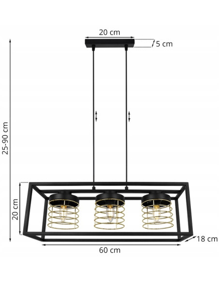 Lampa wisząca w stylu industrialnym RASTI CAGE z metalowym kloszem, czarna z złotym akcentem, regulowana wysokość.