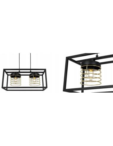 Lampa wisząca RASTI CAGE - loftowa, metalowa z regulacją wysokości, 2 punkty świetlne, złote akcenty 60W.