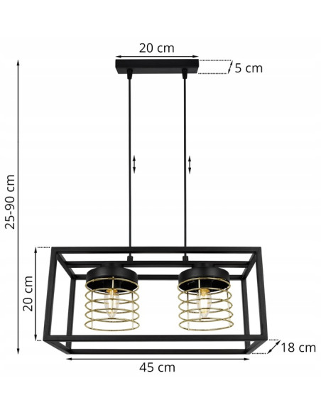 Lampa wisząca RASTI CAGE - loftowa, metalowa z regulacją wysokości, 2 punkty świetlne, złote akcenty 60W.