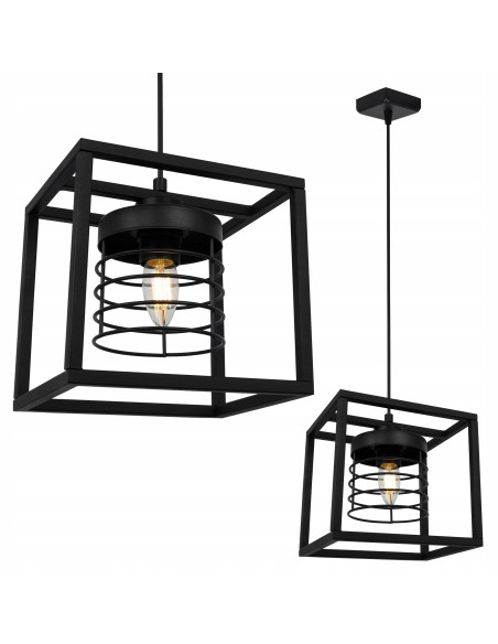 Lampa wisząca RASTI CAGE w industrialnym stylu, czarna metalowa, regulowany zwis, E27, nowoczesne oświetlenie do wnętrz