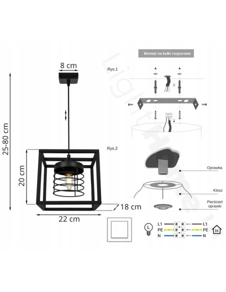 Lampa wisząca RASTI CAGE w industrialnym stylu, czarna metalowa, regulowany zwis, E27, nowoczesne oświetlenie do wnętrz