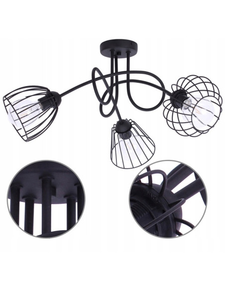 Lampa sufitowa EDISON w czerni z koszyczkowymi kloszami - Stylowe oświetlenie do kuchni, jadalni i salonu