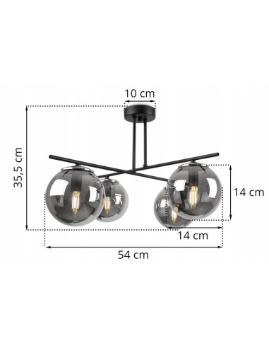 Plafon MODENA 4 z dymionymi kloszami - eleganckie oświetlenie do sypialni, salonu i jadalni, czarny metal.