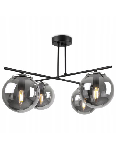 Plafon MODENA 4 z dymionymi kloszami - eleganckie oświetlenie do sypialni, salonu i jadalni, czarny metal.
