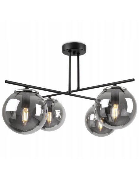 Plafon MODENA 4 z dymionymi kloszami - eleganckie oświetlenie do sypialni, salonu i jadalni, czarny metal.