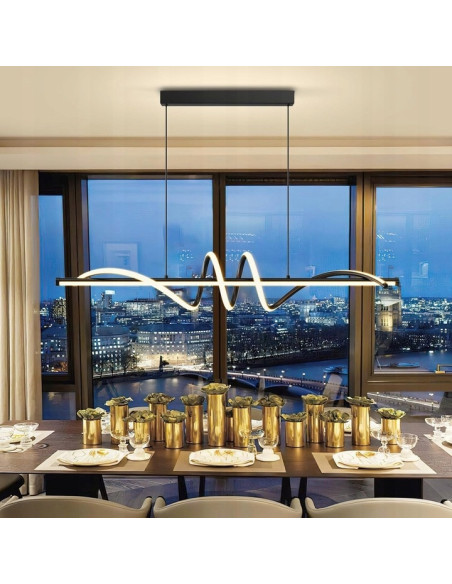 Nowoczesna lampa wisząca LED Serpent w kształcie spirali, czarna, 90cm, idealna do jadalni, kuchni i biura.