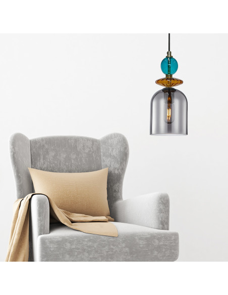 Lampa wisząca Tropea z eleganckiego szkła w odcieniach bursztynowym, dymnym i turkusowym - idealna do salonu i jadalni.