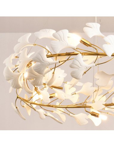 Lampa wisząca BOTANIKA WAVE w złoto-białym stylu z liśćmi Ginkgo - elegancja do salonu, sypialni i biura