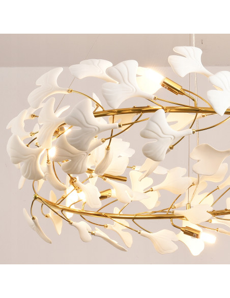 Lampa wisząca BOTANIKA WAVE w złoto-białym stylu z liśćmi Ginkgo - elegancja do salonu, sypialni i biura