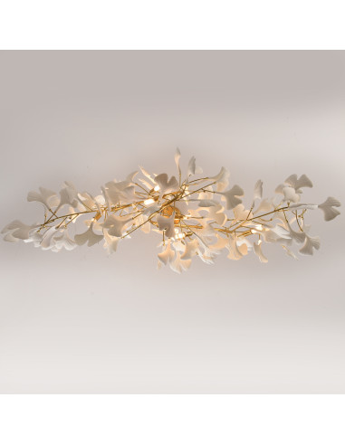 Lampa Wisząca BOTANIKA WAVE z Ceramicznymi Liśćmi Ginkgo w Złotej Ramie – Elegancja Natury w Twoim Wnętrzu