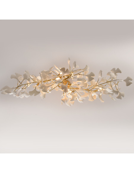 Lampa Wisząca BOTANIKA WAVE z Ceramicznymi Liśćmi Ginkgo w Złotej Ramie – Elegancja Natury w Twoim Wnętrzu