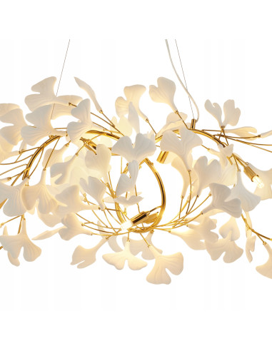 Lampa Wisząca BOTANIKA WAVE z Ceramicznymi Liśćmi Ginkgo w Złotej Ramie – Elegancja Natury w Twoim Wnętrzu
