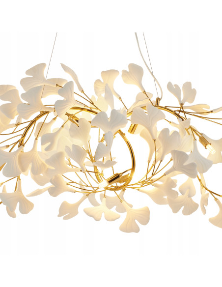 Lampa Wisząca BOTANIKA WAVE z Ceramicznymi Liśćmi Ginkgo w Złotej Ramie – Elegancja Natury w Twoim Wnętrzu