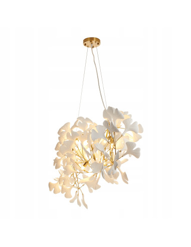 Lampa Wisząca BOTANIKA WAVE z Ceramicznymi Liśćmi Ginkgo w Złotej Ramie – Elegancja Natury w Twoim Wnętrzu