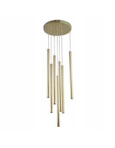 Lampa wisząca Lungo 7-punktowa w złotym metalu – nowoczesny, elegancki element dekoracyjny do każdego wnętrza.