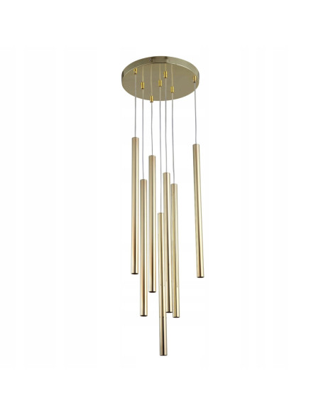 Lampa wisząca Lungo 7-punktowa w złotym metalu – nowoczesny, elegancki element dekoracyjny do każdego wnętrza.