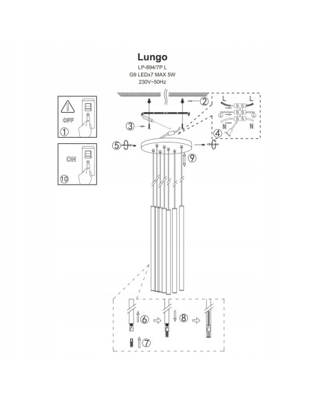 Lampa wisząca Lungo 7-punktowa w złotym metalu – nowoczesny, elegancki element dekoracyjny do każdego wnętrza.