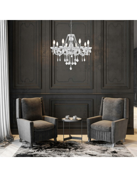 Luksusowy żyrandol Cristallo E14 z 8 źródłami światła – eleganckie oświetlenie w stylu glamour, srebrna konstrukcja