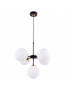 Lampa wisząca IMPERIA 5-punktowa z mlecznymi kloszami, czarna konstrukcja, nowoczesny design do biura i restauracji