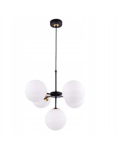 Lampa wisząca IMPERIA 5-punktowa z mlecznymi kloszami, czarna konstrukcja, nowoczesny design do biura i restauracji